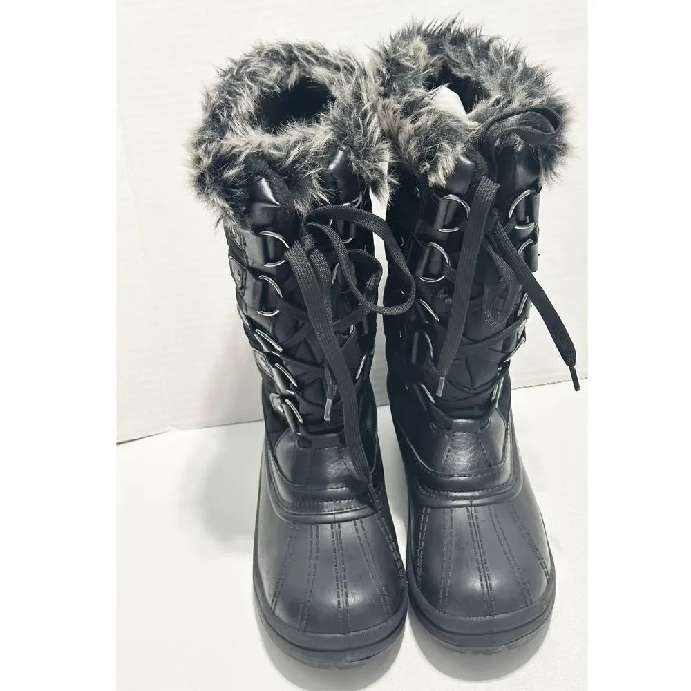Quest Powder Winter Snow Boots Faux Fur Collar 3M Insulated Rubber Boots Black 7